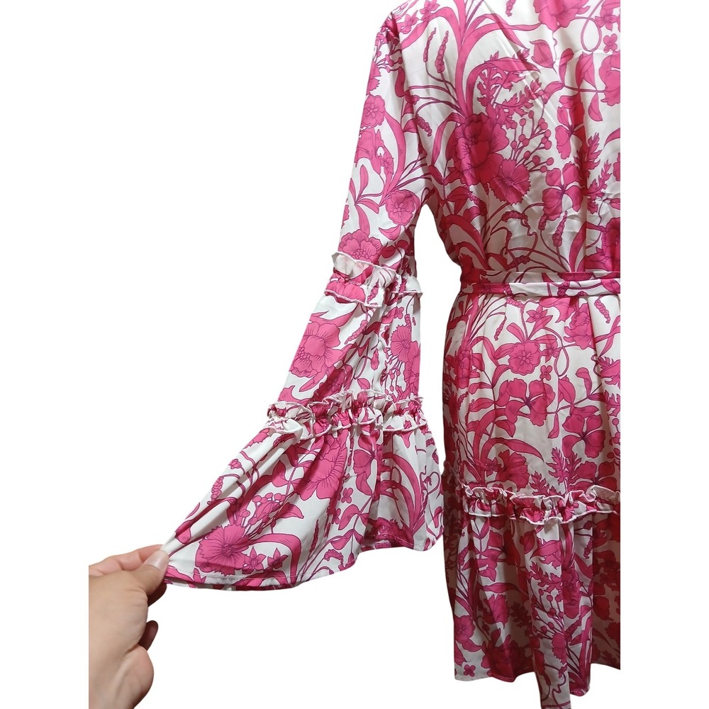 Flying Tomato Pink White Floral Bell Sleeve Tiered Mini Dress ID17931 Womens L - Picture 6 of 12